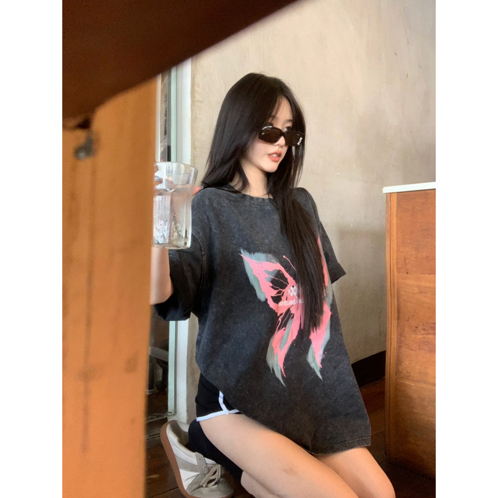 Ethelgirl Áo Thun Ngắn Tay Dáng Rộng Đính Nơ Phong Cách Vintage Mỹ Cho Nữ