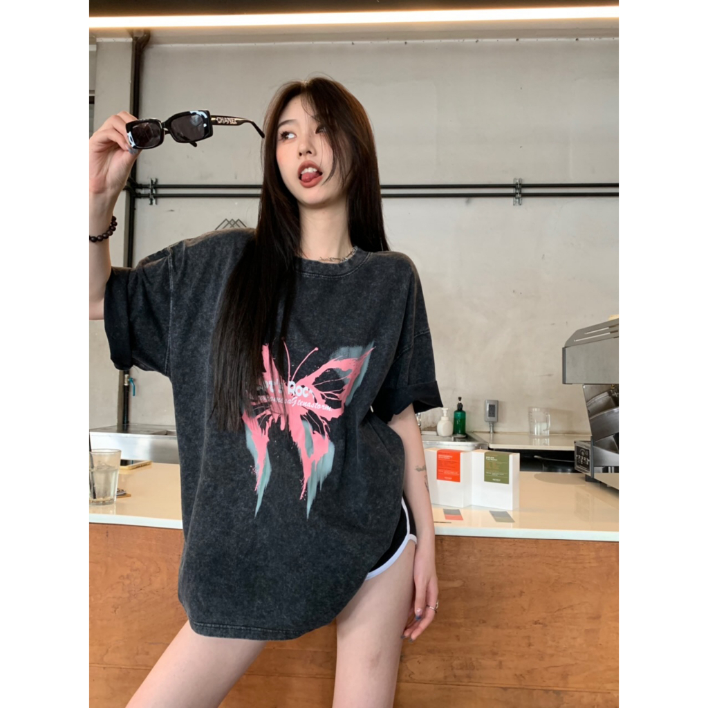 Ethelgirl Áo Thun Ngắn Tay Dáng Rộng Đính Nơ Phong Cách Vintage Mỹ Cho Nữ