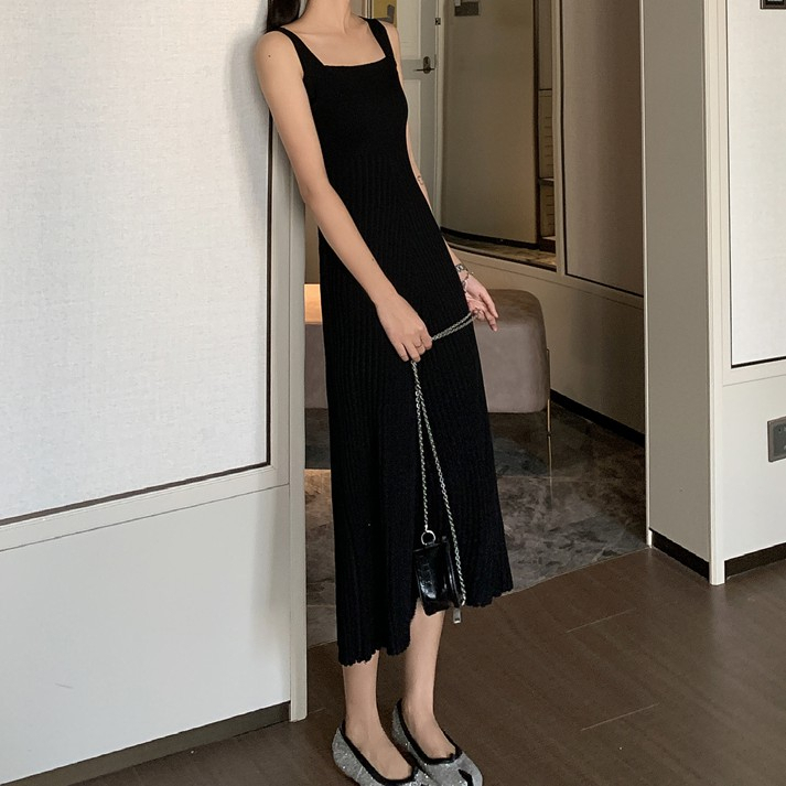 LANJIEXI Đầm hai dây dệt kim ôm eo hợp thời trang sang trọng