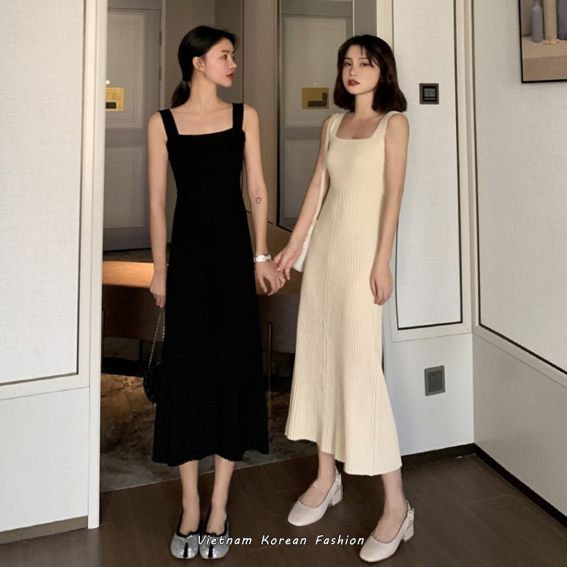 LANJIEXI Đầm hai dây dệt kim ôm eo hợp thời trang sang trọng