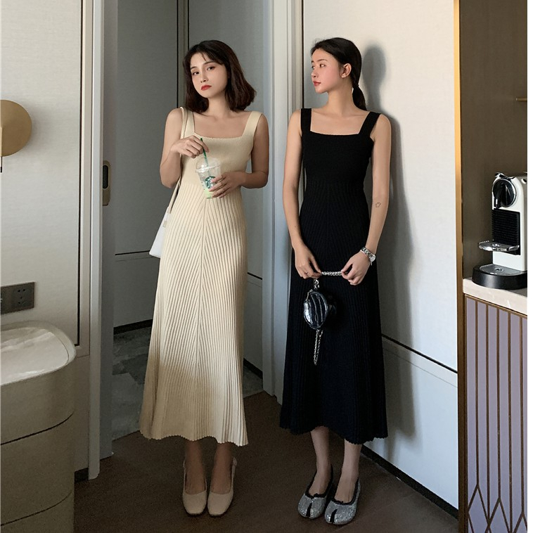 LANJIEXI Đầm hai dây dệt kim ôm eo hợp thời trang sang trọng
