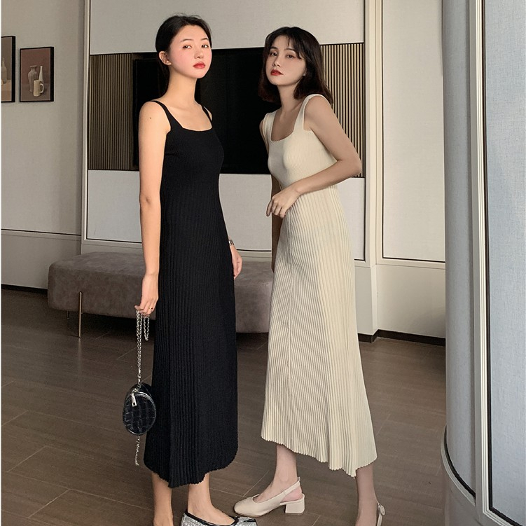 LANJIEXI Đầm hai dây dệt kim ôm eo hợp thời trang sang trọng