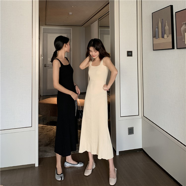 LANJIEXI Đầm hai dây dệt kim ôm eo hợp thời trang sang trọng