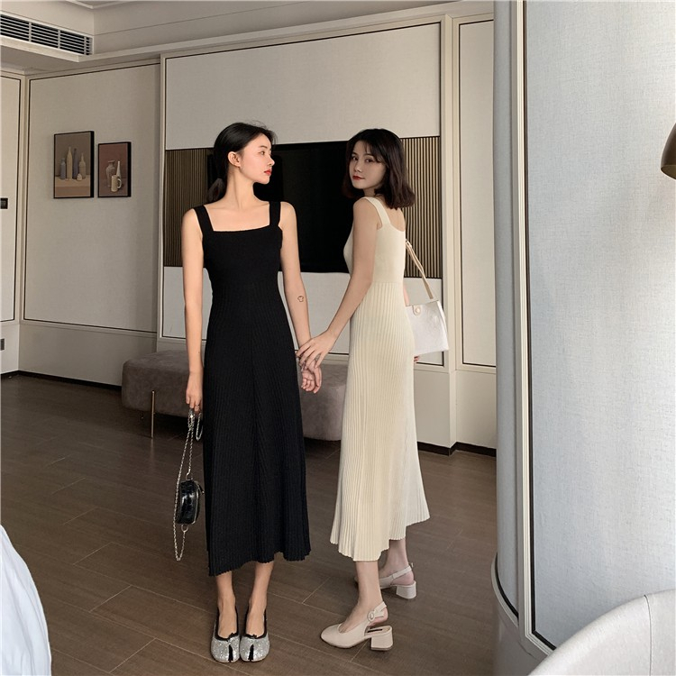 LANJIEXI Đầm hai dây dệt kim ôm eo hợp thời trang sang trọng