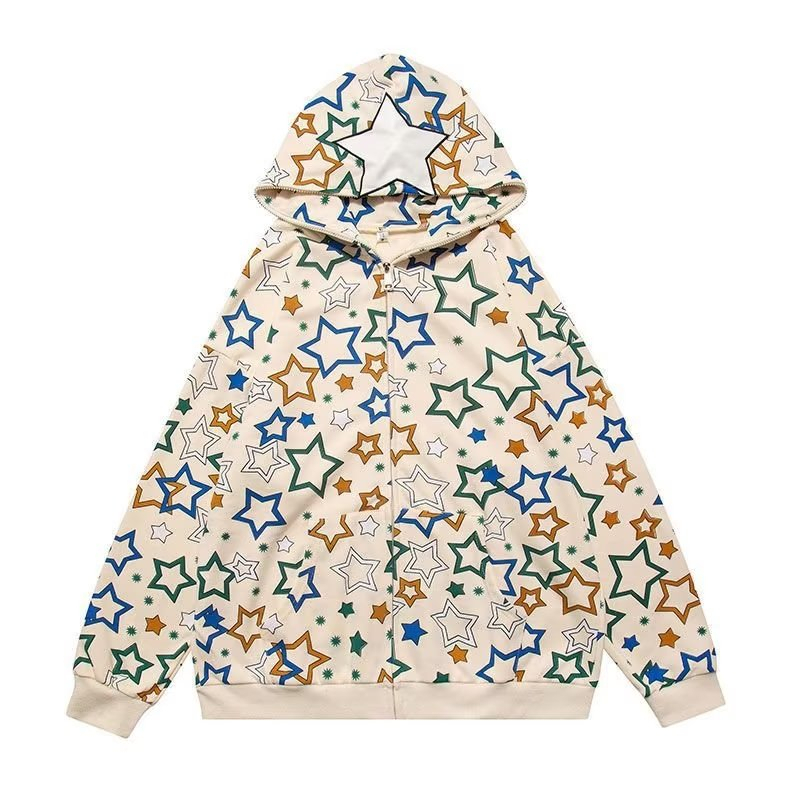 Guo Chao Áo Khoác cardigan sweater Dáng Rộng Có Mũ Trùm Đầu in Hình Ngôi Sao retro Mỹ Mùa Thu Có Khóa Kéo off - costing Cho Cặp
