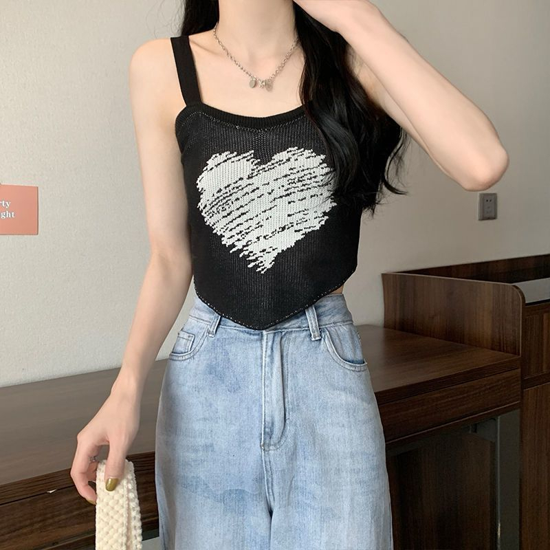 Áo Tank Top Dệt Kim Hai Dây Ôm Dáng In Hình Trái Tim Thiết Kế Xinh Xắn Thời Trang Mùa Hè Cho Nữ