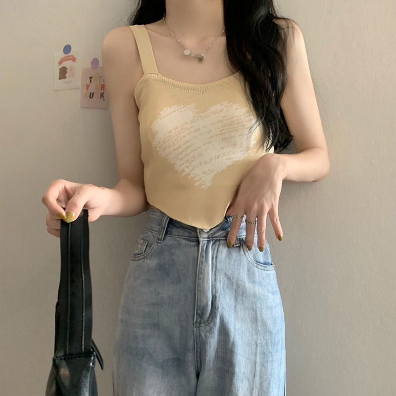 Áo Tank Top Dệt Kim Hai Dây Ôm Dáng In Hình Trái Tim Thiết Kế Xinh Xắn Thời Trang Mùa Hè Cho Nữ