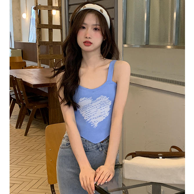 Áo Tank Top Dệt Kim Hai Dây Ôm Dáng In Hình Trái Tim Thiết Kế Xinh Xắn Thời Trang Mùa Hè Cho Nữ