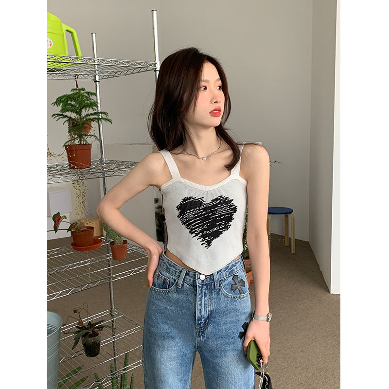 Áo Tank Top Dệt Kim Hai Dây Ôm Dáng In Hình Trái Tim Thiết Kế Xinh Xắn Thời Trang Mùa Hè Cho Nữ
