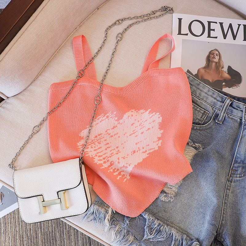 Áo Tank Top Dệt Kim Hai Dây Ôm Dáng In Hình Trái Tim Thiết Kế Xinh Xắn Thời Trang Mùa Hè Cho Nữ