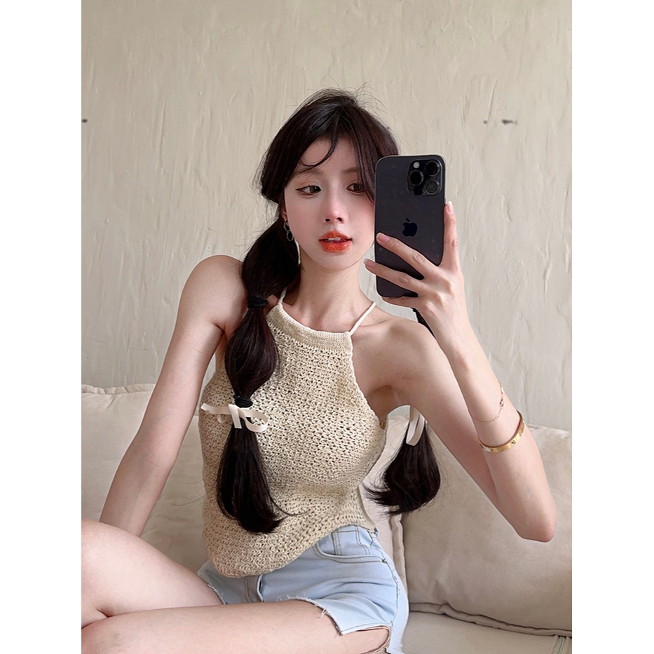 LANJIEXI Áo Croptop Dệt Kim Sát Nách Phong Cách Hong Kong Quyến Rũ