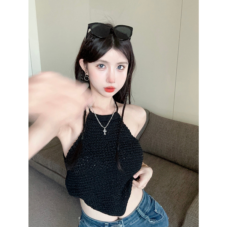 LANJIEXI Áo Croptop Dệt Kim Sát Nách Phong Cách Hong Kong Quyến Rũ