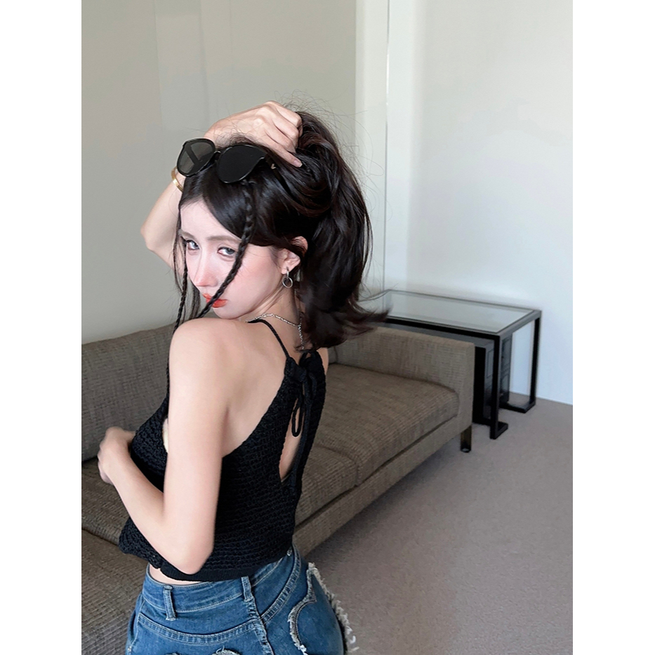 LANJIEXI Áo Croptop Dệt Kim Sát Nách Phong Cách Hong Kong Quyến Rũ