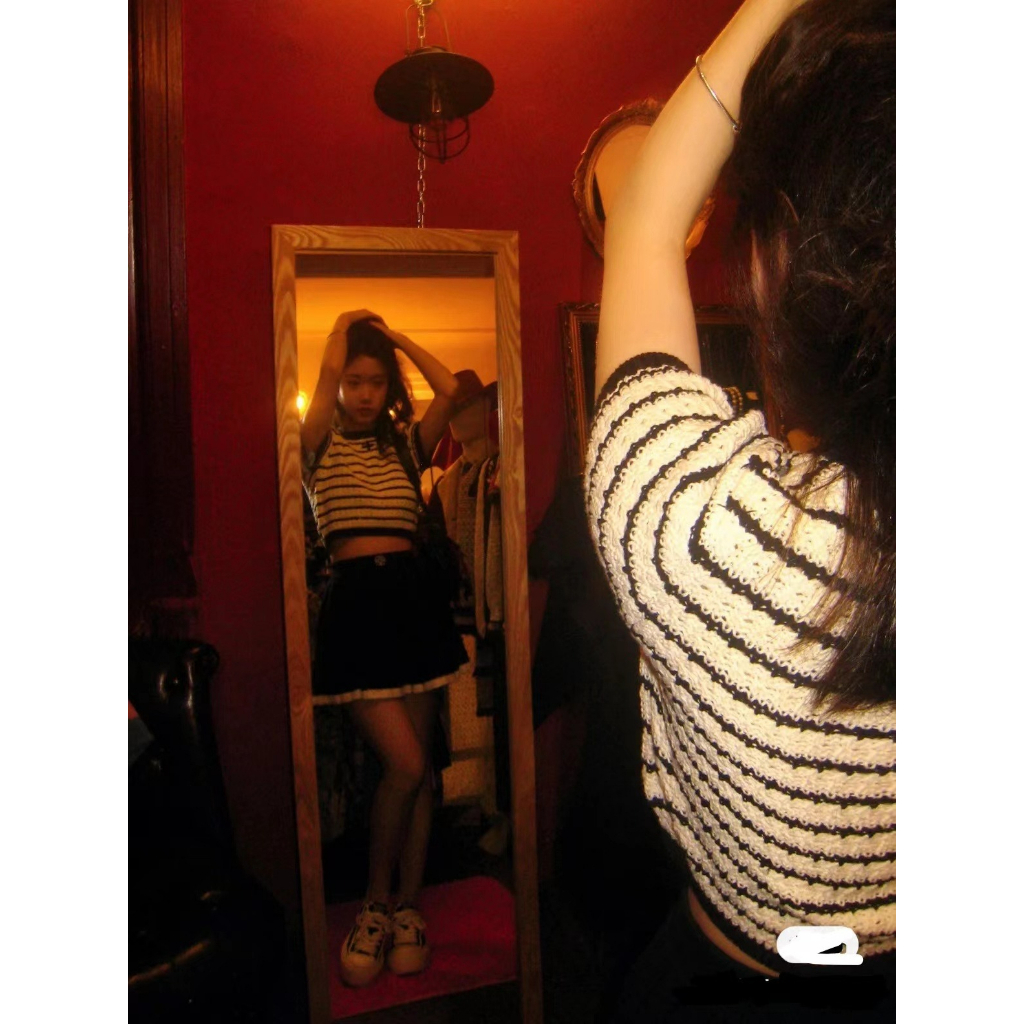 ZHELIHANGFEI Áo Croptop Dệt Kim Tay Phồng Họa Tiết Kẻ Sọc Thời Trang Quyến Rũ Cho Nữ