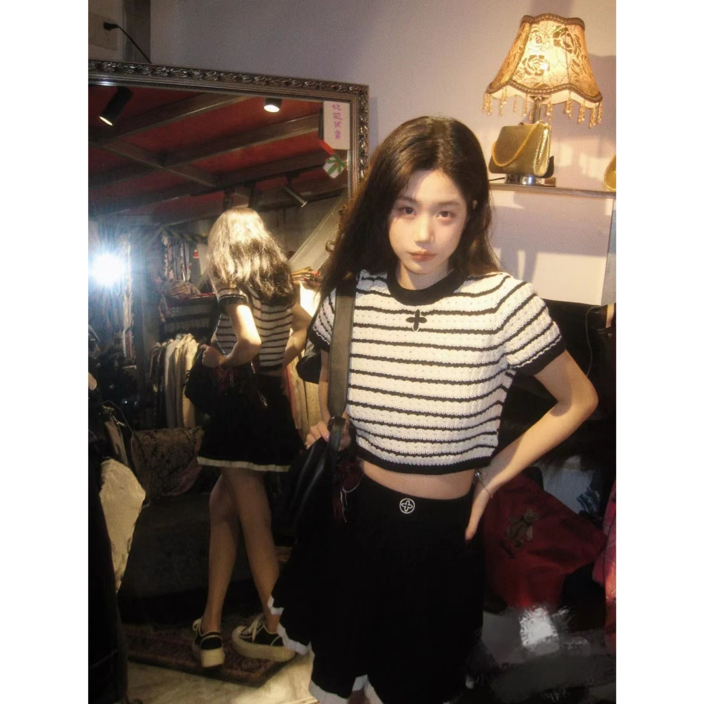 ZHELIHANGFEI Áo Croptop Dệt Kim Tay Phồng Họa Tiết Kẻ Sọc Thời Trang Quyến Rũ Cho Nữ