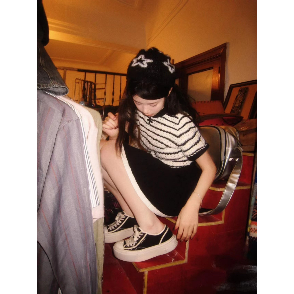 ZHELIHANGFEI Áo Croptop Dệt Kim Tay Phồng Họa Tiết Kẻ Sọc Thời Trang Quyến Rũ Cho Nữ