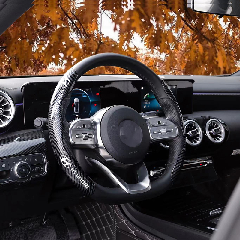 HYUNDAI Bộ 2 Vỏ Bọc Vô Lăng Xe Hơi Bằng Da Phủ Lông Sợi Carbon 38cm Thấm Hút Mồ Hôi Chống Trượt Cho Creta Stargazer IONIQ 6 Staria Kona H1
