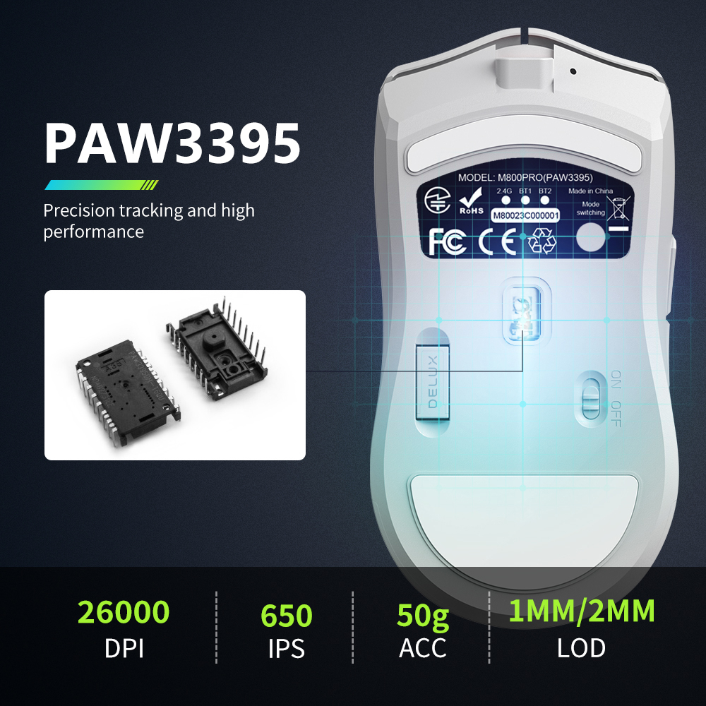 Chuột gaming DELUX M800 PRO PAW3395 không dây/ trọng lượng nhẹ cao cấp 72g
