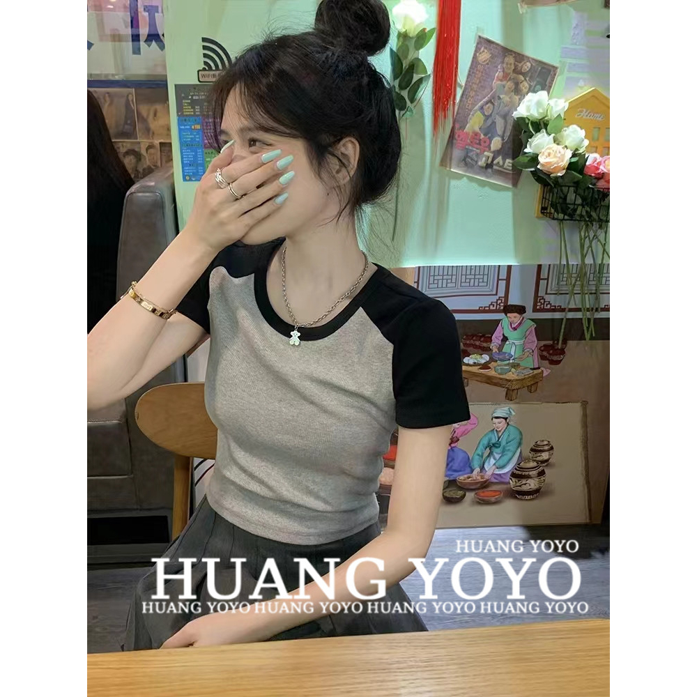 HUANG YOYO Áo Thun Ngắn Tay Ôm Dáng Thời Trang Retro Mỹ Cho Nữ