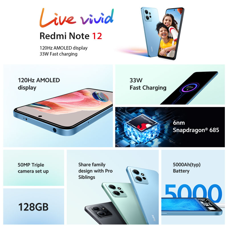 [Mã CBAUG12 giảm 12% đơn 500K] Điện Thoại Thông Minh Toàn Cầu 120Hz 3W 120Hz Sạc Nhanh Cho Xiaomi Redmi Note 12® Camera Hành Trình 685 500 685 50Lm Chất Lượng Cao