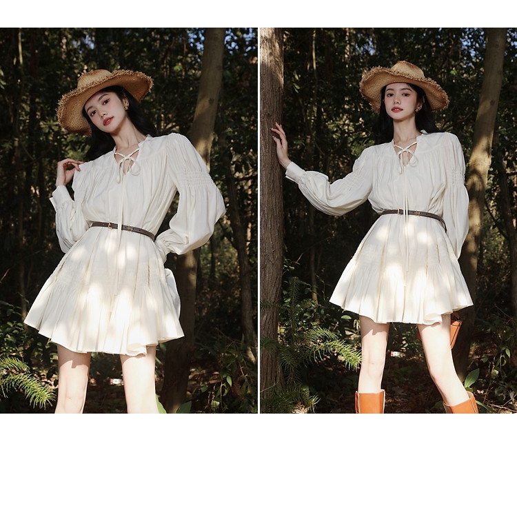 Đầm Công Chúa Búp Bê Tay Phồng Cổ Chữ V Buộc Dây Eo Kiểu Retro Đơn Giản Cho Bạn Gái