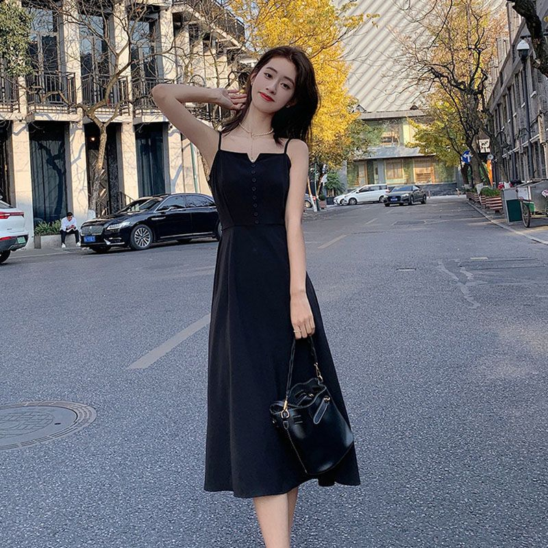 Đầm Hai Dây Ôm Eo Cài Nút Màu Đen Phong Cách Hàn Quốc Cổ Điển Thời Trang Mùa Hè Cho Nữ