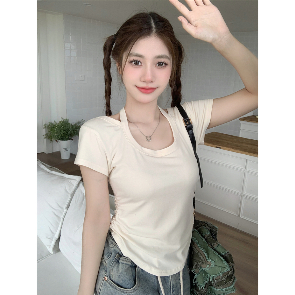 Lalisas Áo Thun Ngắn Tay Ôm Dáng Thiết Kế Không Đồng Đều Có Dây Buộc Cổ Thời Trang Cho Nữ