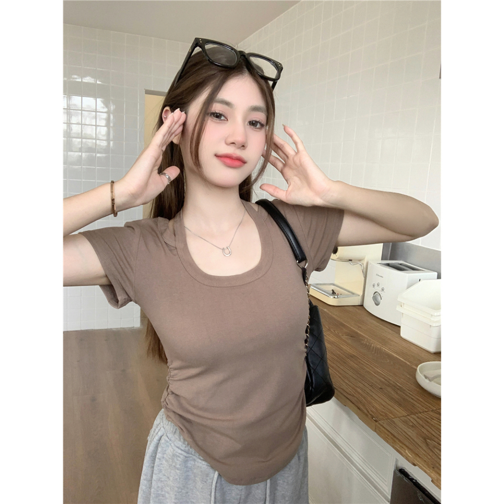 Lalisas Áo Thun Ngắn Tay Ôm Dáng Thiết Kế Không Đồng Đều Có Dây Buộc Cổ Thời Trang Cho Nữ