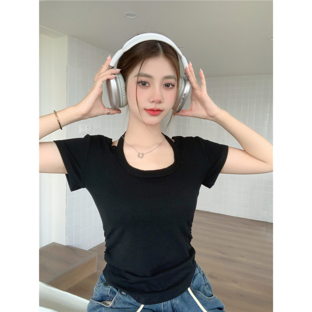 Lalisas Áo Thun Ngắn Tay Ôm Dáng Thiết Kế Không Đồng Đều Có Dây Buộc Cổ Thời Trang Cho Nữ