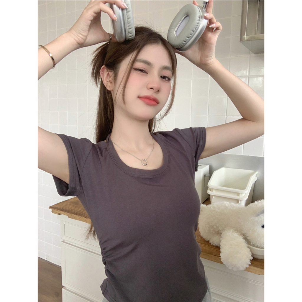 Lalisas Áo Thun Ngắn Tay Ôm Dáng Thiết Kế Không Đồng Đều Có Dây Buộc Cổ Thời Trang Cho Nữ