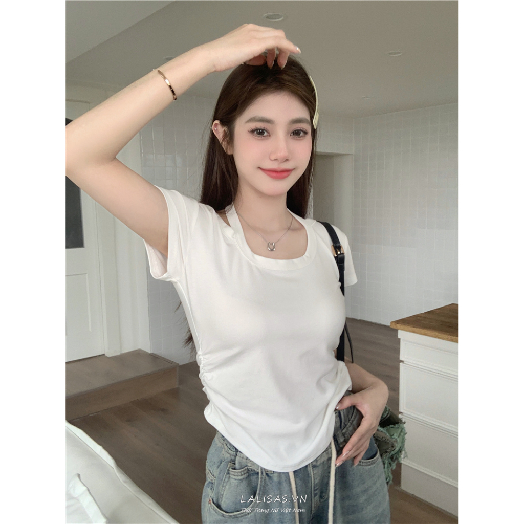 Lalisas Áo Thun Ngắn Tay Ôm Dáng Thiết Kế Không Đồng Đều Có Dây Buộc Cổ Thời Trang Cho Nữ