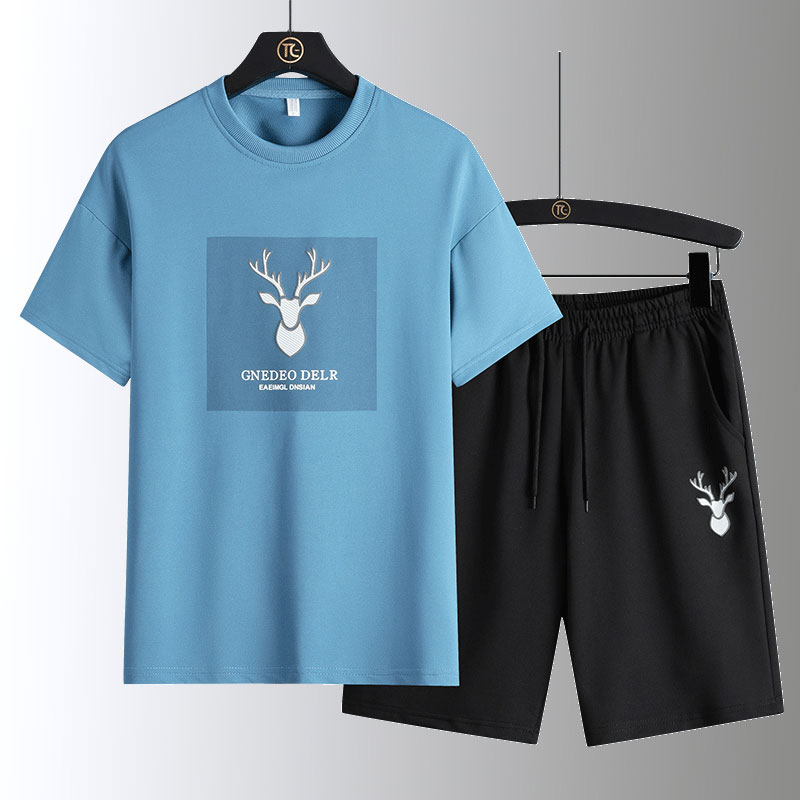 Bộ Áo Thun Tay Ngắn Cổ Tròn In Họa Tiết + Quần Short Thoáng Khí Thời Trang Mùa Hè Cho Nam