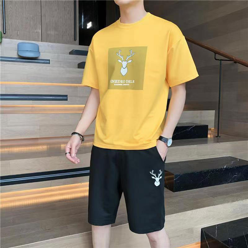 Bộ Áo Thun Tay Ngắn Cổ Tròn In Họa Tiết + Quần Short Thoáng Khí Thời Trang Mùa Hè Cho Nam