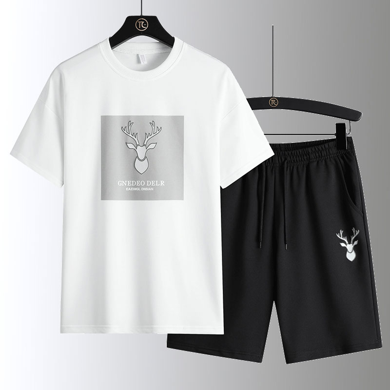 Bộ Áo Thun Tay Ngắn Cổ Tròn In Họa Tiết + Quần Short Thoáng Khí Thời Trang Mùa Hè Cho Nam