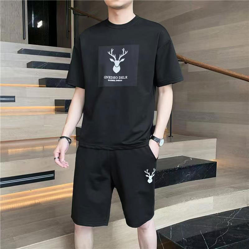 Bộ Áo Thun Tay Ngắn Cổ Tròn In Họa Tiết + Quần Short Thoáng Khí Thời Trang Mùa Hè Cho Nam