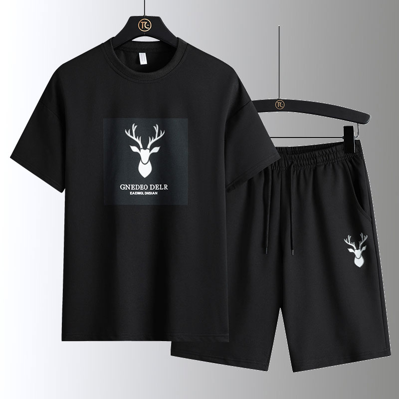 Bộ Áo Thun Tay Ngắn Cổ Tròn In Họa Tiết + Quần Short Thoáng Khí Thời Trang Mùa Hè Cho Nam