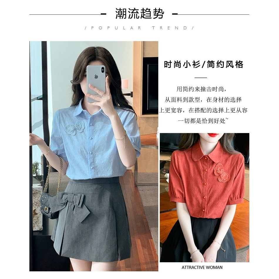 Áo Sơ Mi Cotton Nguyên Chất Ngắn Tay Thêu Họa Tiết Thời Trang Cho Nữ 2023