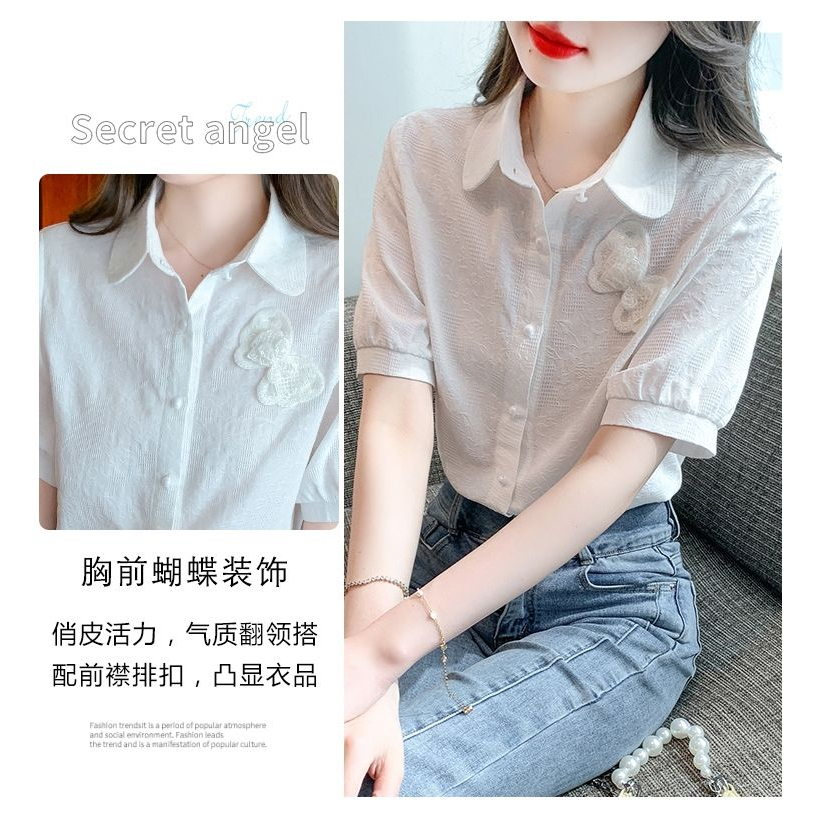 Áo Sơ Mi Cotton Nguyên Chất Ngắn Tay Thêu Họa Tiết Thời Trang Cho Nữ 2023