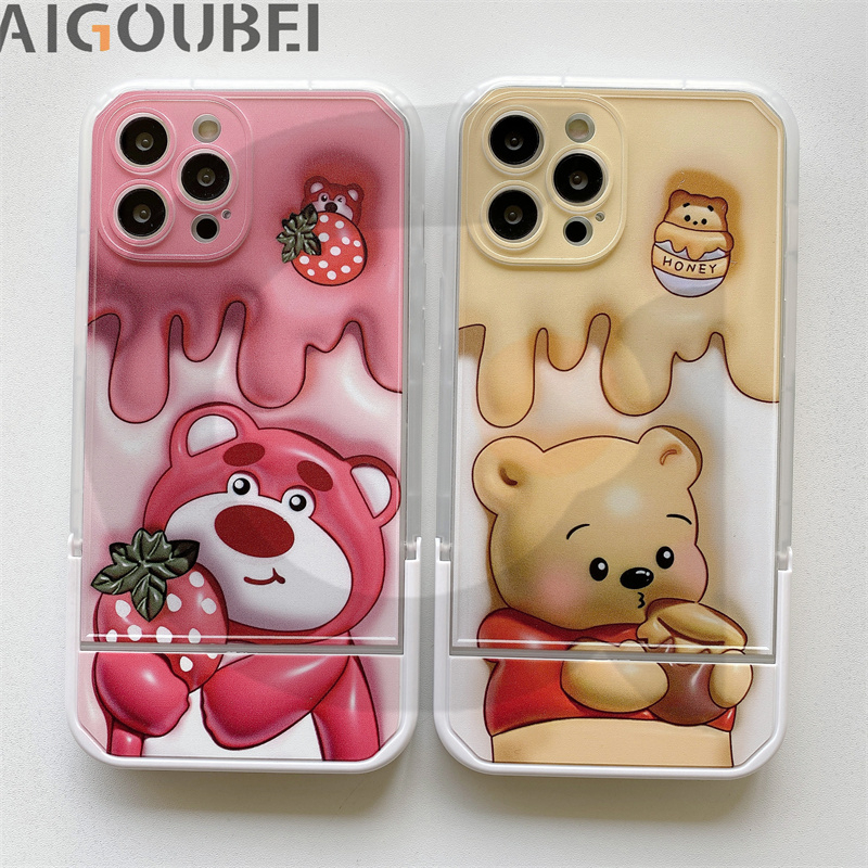 Ốp Điện Thoại Hình Gấu Và Dâu Tây Có Giá Đỡ Chống Va Đập Cho x / xs / 11 / 12 / 13 / 14 / pro / max / promax