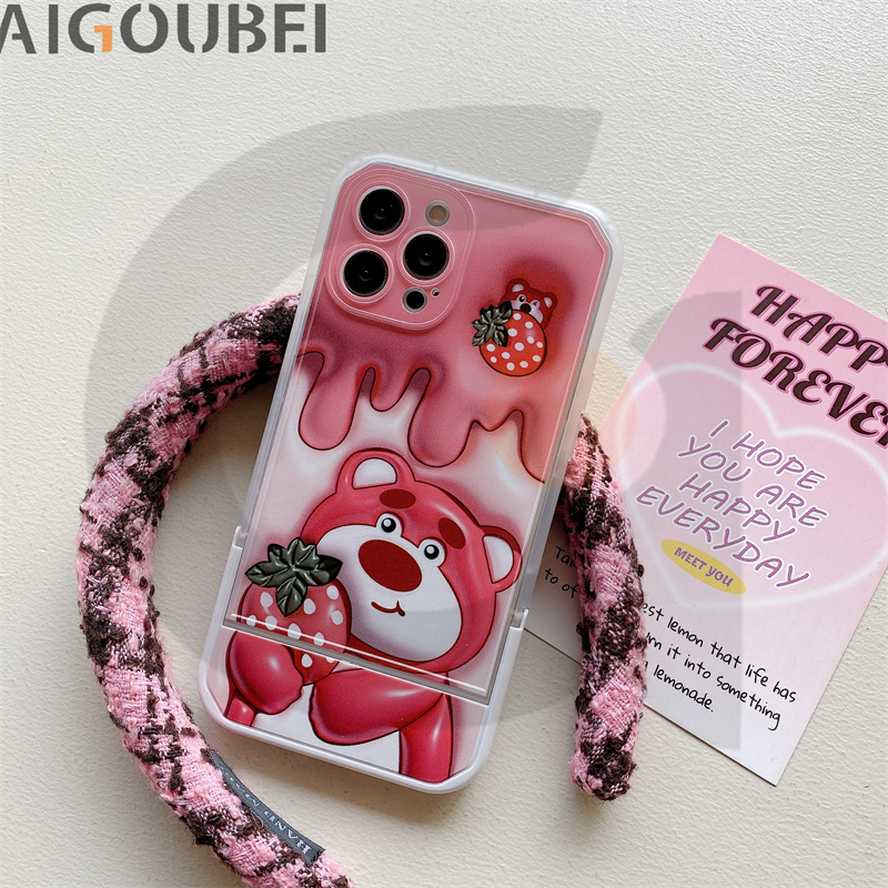 Ốp Điện Thoại Hình Gấu Và Dâu Tây Có Giá Đỡ Chống Va Đập Cho x / xs / 11 / 12 / 13 / 14 / pro / max / promax