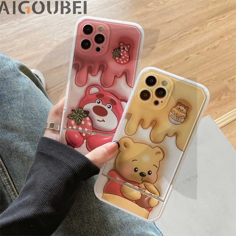 Ốp Điện Thoại Hình Gấu Và Dâu Tây Có Giá Đỡ Chống Va Đập Cho x / xs / 11 / 12 / 13 / 14 / pro / max / promax