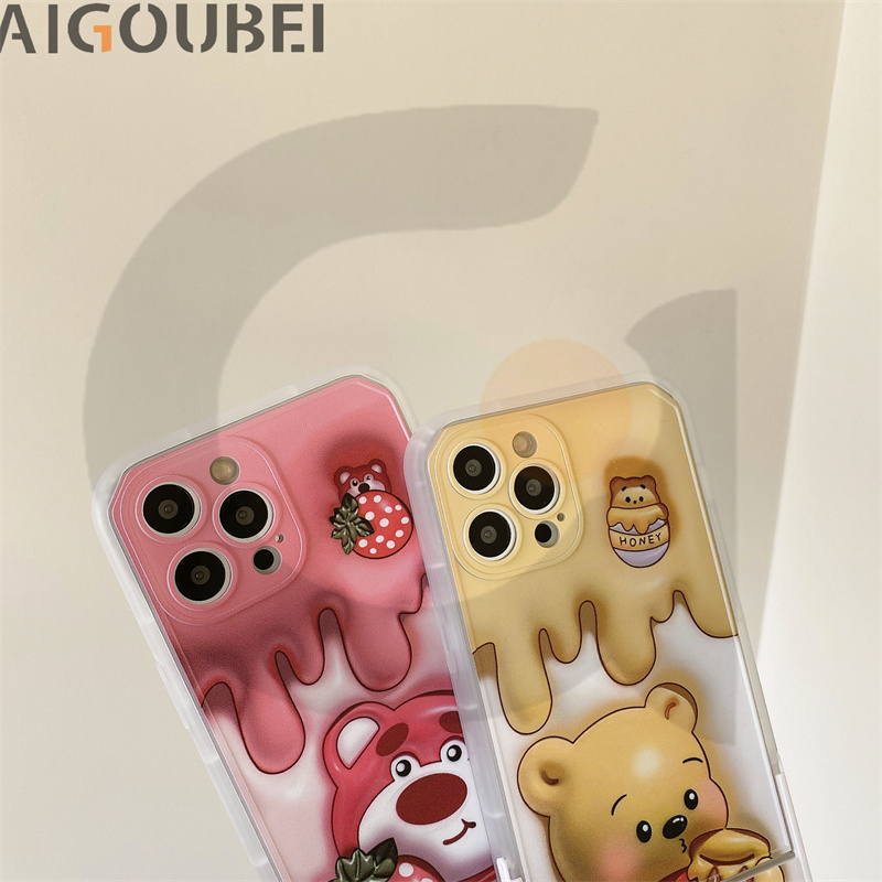 Ốp Điện Thoại Hình Gấu Và Dâu Tây Có Giá Đỡ Chống Va Đập Cho x / xs / 11 / 12 / 13 / 14 / pro / max / promax