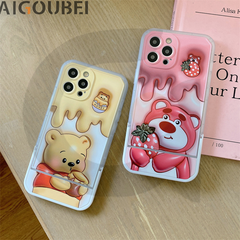 Ốp Điện Thoại Hình Gấu Và Dâu Tây Có Giá Đỡ Chống Va Đập Cho x / xs / 11 / 12 / 13 / 14 / pro / max / promax