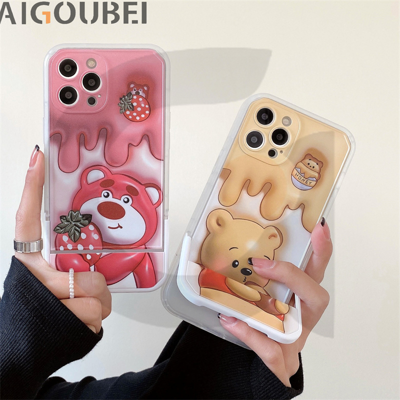 Ốp Điện Thoại Hình Gấu Và Dâu Tây Có Giá Đỡ Chống Va Đập Cho x / xs / 11 / 12 / 13 / 14 / pro / max / promax
