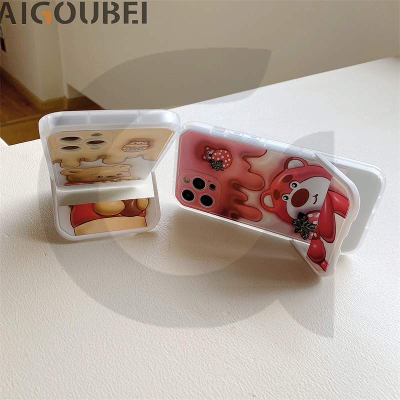 Ốp Điện Thoại Hình Gấu Và Dâu Tây Có Giá Đỡ Chống Va Đập Cho x / xs / 11 / 12 / 13 / 14 / pro / max / promax