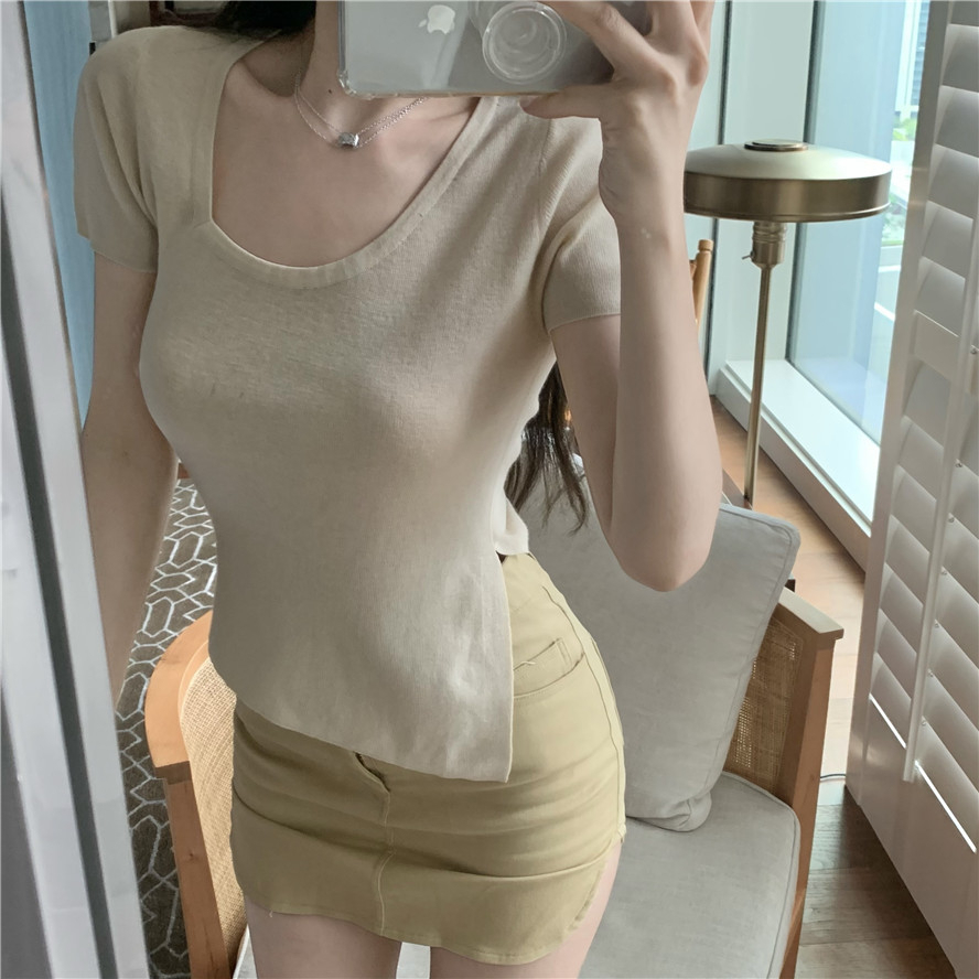 Áo Thun Dệt Kim Trễ Vai Màu Trơn Thời Trang Mùa Hè