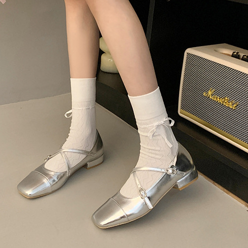 Facesun Giày Búp Bê Mary Jane Gót Thấp Mũi Vuông Màu Bạc Phong Cách Pháp Thời Trang Xuân Thu Phù Hợp Cho Nữ
