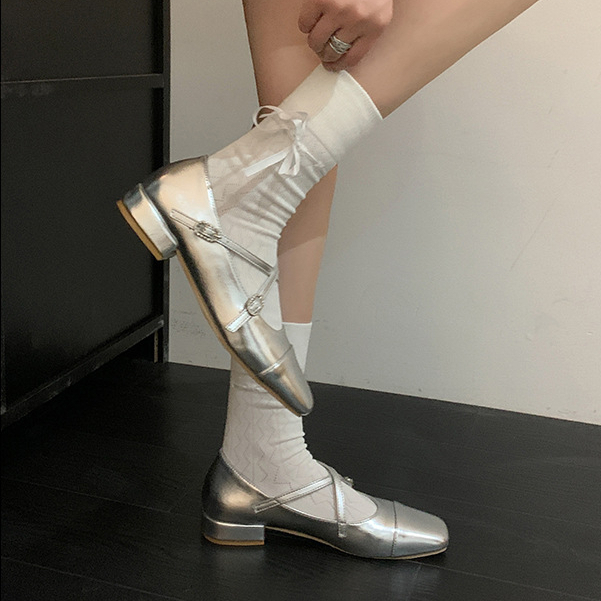 Facesun Giày Búp Bê Mary Jane Gót Thấp Mũi Vuông Màu Bạc Phong Cách Pháp Thời Trang Xuân Thu Phù Hợp Cho Nữ