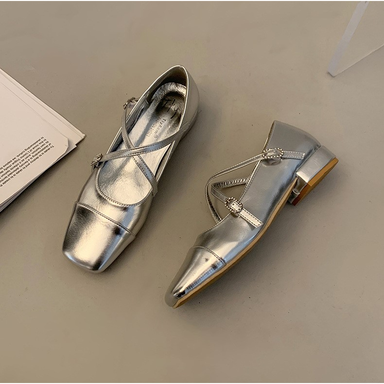 Facesun Giày Búp Bê Mary Jane Gót Thấp Mũi Vuông Màu Bạc Phong Cách Pháp Thời Trang Xuân Thu Phù Hợp Cho Nữ