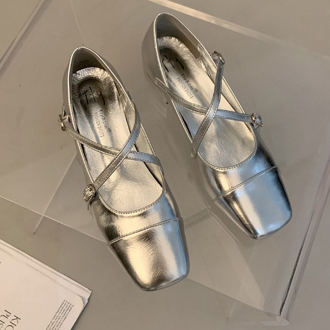 Facesun Giày Búp Bê Mary Jane Gót Thấp Mũi Vuông Màu Bạc Phong Cách Pháp Thời Trang Xuân Thu Phù Hợp Cho Nữ